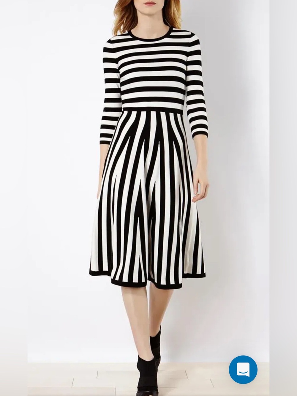 Karen Millen Black White Striped Fit & Flare Midi Dress M Optical Illusion Knit - Picture 2 of 4